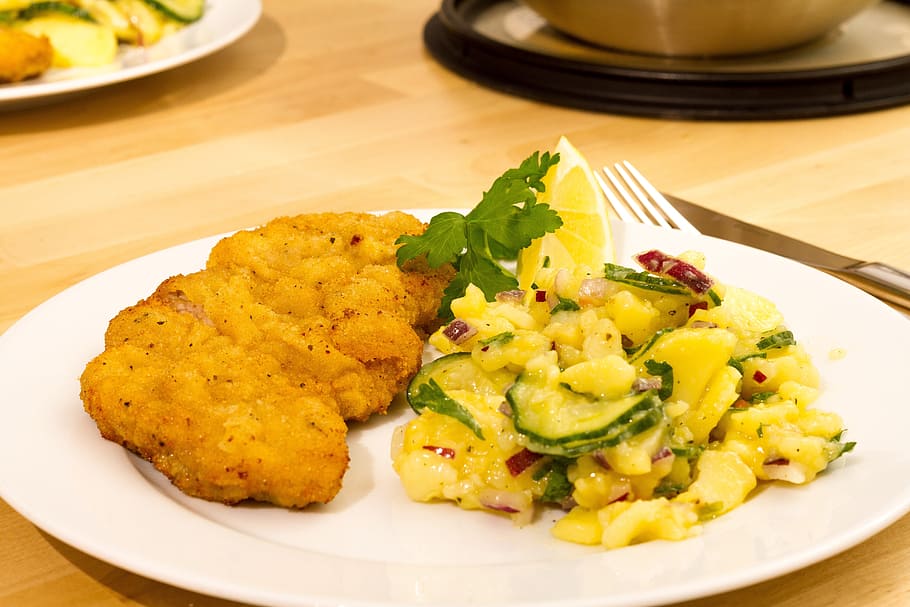 fried, meat, vegetable, ceramic, plate, Schnitzel, Potato Salad, Eat, Food, banquet