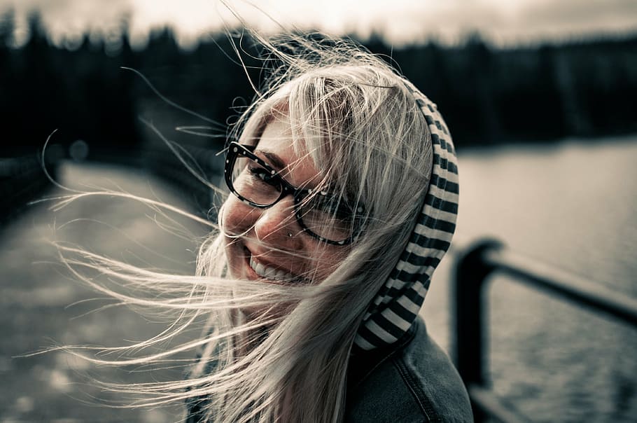 woman, wearing, black, white, striped, hoodie, girl, smiling, female, young