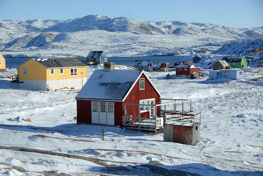 グリーンランド, rodebay, oqaatsut, 氷, 雪, 冬, 低温, 家, 建造物, 山