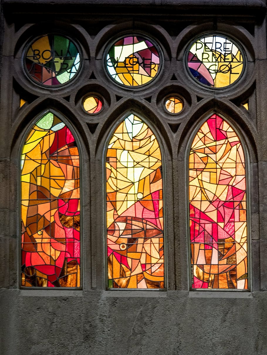 stained glass window, cathedral, sagrada família, barcelona, catalonia, architecture, church, monuments, light, temple