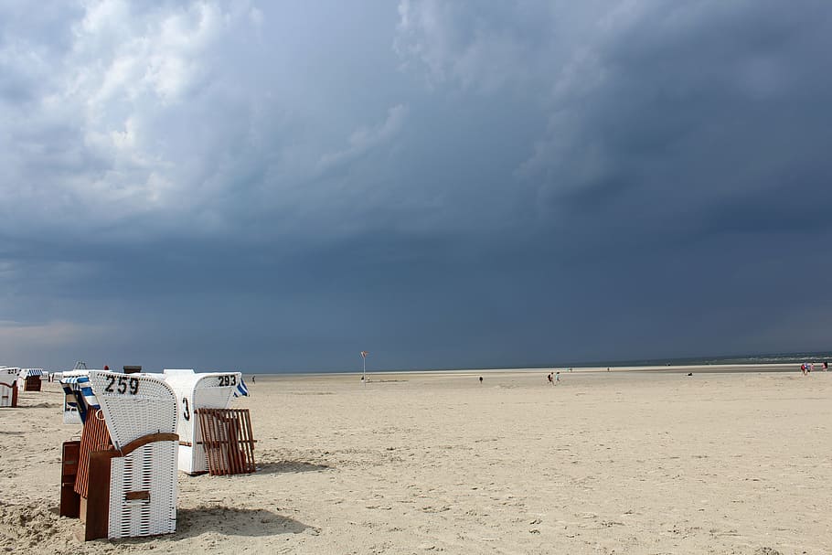 beach, beach chair, sand, clouds, thunderstorm, island, spiekeroog, summer, sky, storm