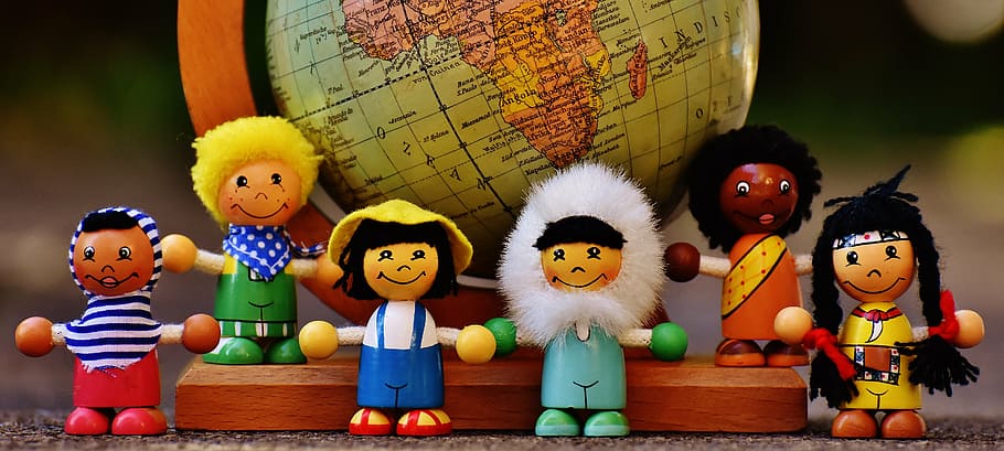 assorted plastic tyos, different nationalities, children, human, globe, worldwide, figures, wood, game characters, holzfigur