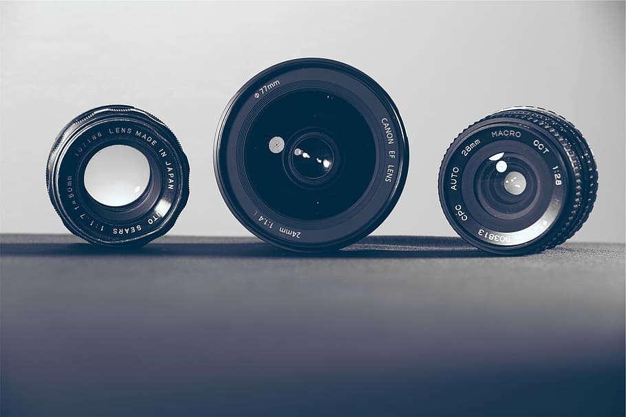 negro, lente de cámara de 3 piezas, 3 piezas, set, tres, cámara, lente, lentes, fotografía, tecnología