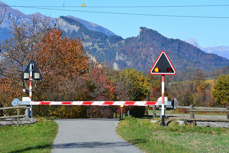 Level Crossing, Mountains, autumn, landscape, mountain, tree, outdoors, road, day, plant