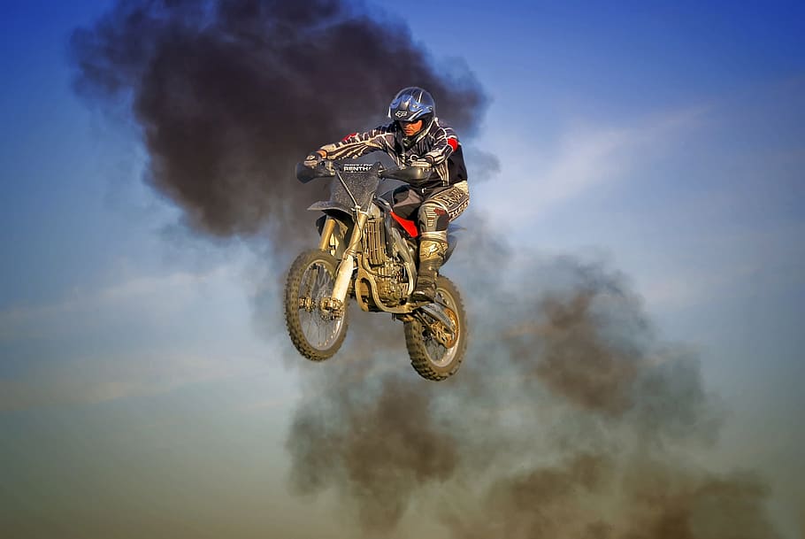 hombre, equitación, motocicleta, frente, humo, especialista, moto de cross, motocross, bicicleta, moto