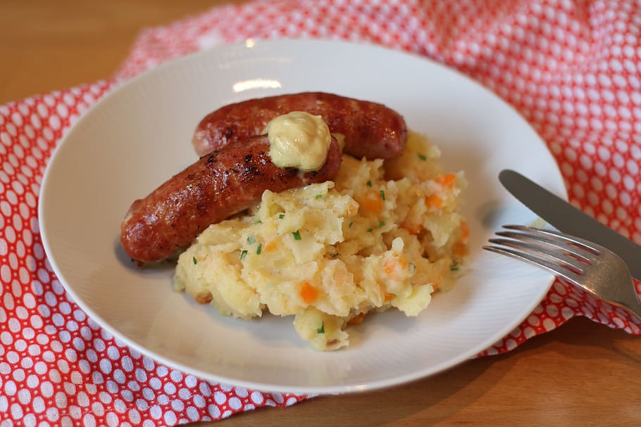 sausage, mashed, potatoes, beef, breakfast, cooking, cuisine, delicious, dining, dinner