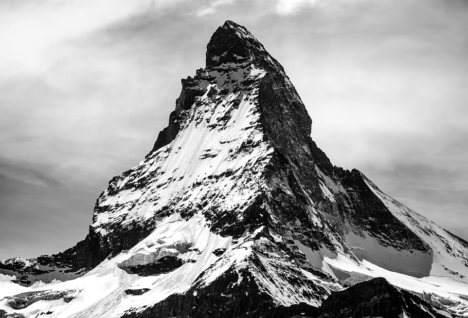 black, white, rock formation mountain, matterhorn, switzerland, mountain, alps, nature, europe, zermatt