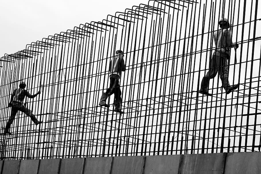 three, workmen, standing, gray, metal rails, daytime, Construction, Worker, Concrete, construction, worker