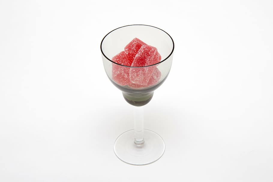 sweet, candy, sugar, glass, table, white, red, white background, drinking glass, drink