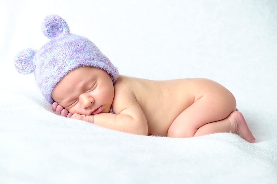 baby, sleeping, wearing, purple, knit, cap, newborn, kids, kid, dream