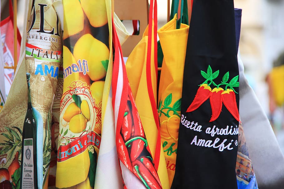 assorted tote bags, amalfi, italy, holiday, apron, colorful, summer, amalfi coast, mediterranean, multi colored