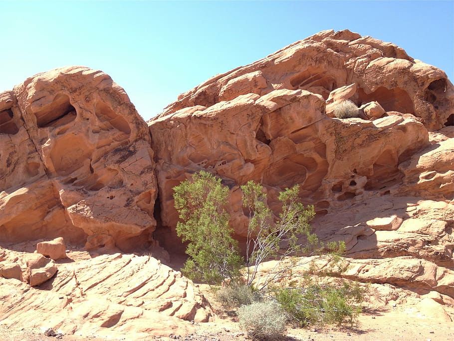 brown stone mountain, rock, formation, green, shrub, shown, daytime, rocks, boulders, desert