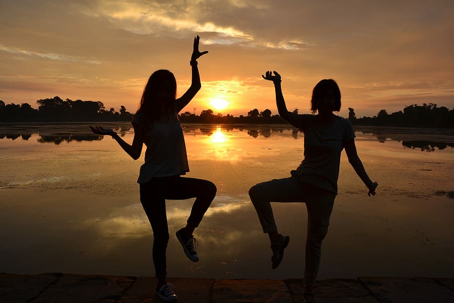 Dawn, Silhouettes, Women, sunset, limb, silhouette, human arm, two people, arms raised, sky