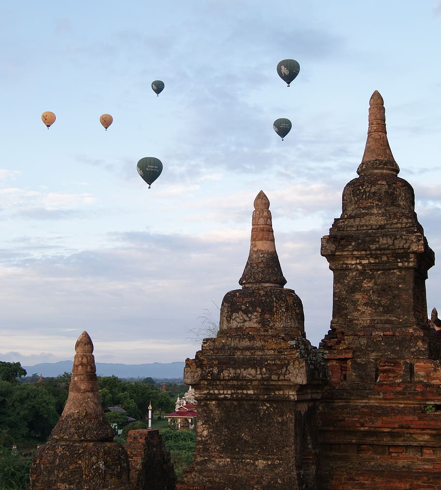 templo, globo, bagan, globo de aire caliente, myanmar, antigua, asia, birmania, pagoda, viajes