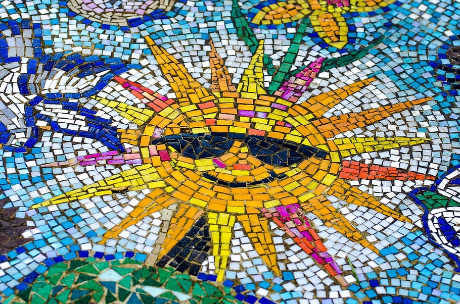 sol de mosaico, arte floral, mosaico, sol, azulejos, piedra, verano, creativo, artes, multicolor