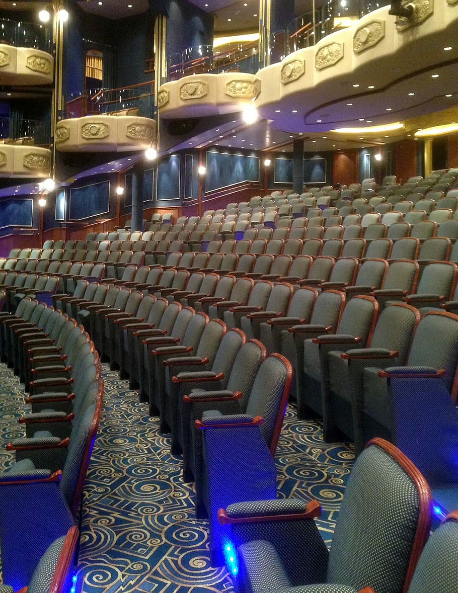 theater house chairs, Theater, Cruise, cinema hall, opera hall, audience, rows of seats, queen elizabeth, theatre balcony, cunard
