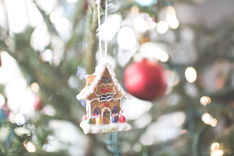 juguete, casa, rojo, bola, decoración, árbol, luces, bokeh, vacaciones, Navidad
