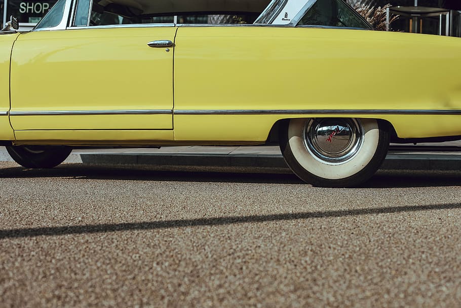 classic yellow coupe, car, vehicle, transportation, road, old, vintage, lowered, tires, retro Styled