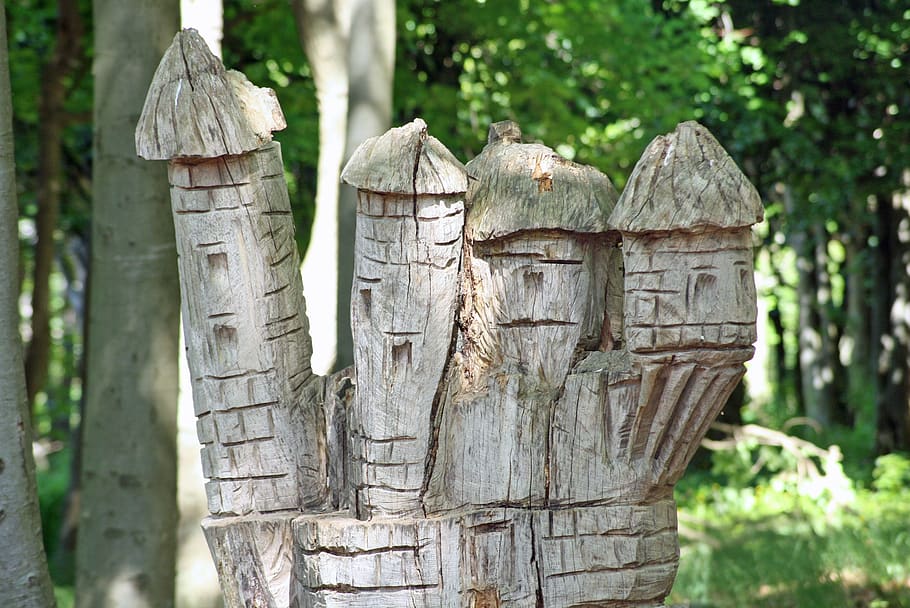 wooden figures, helsingborg, wooden sculpture, forest, tree, focus on foreground, plant, day, wood - material, close-up