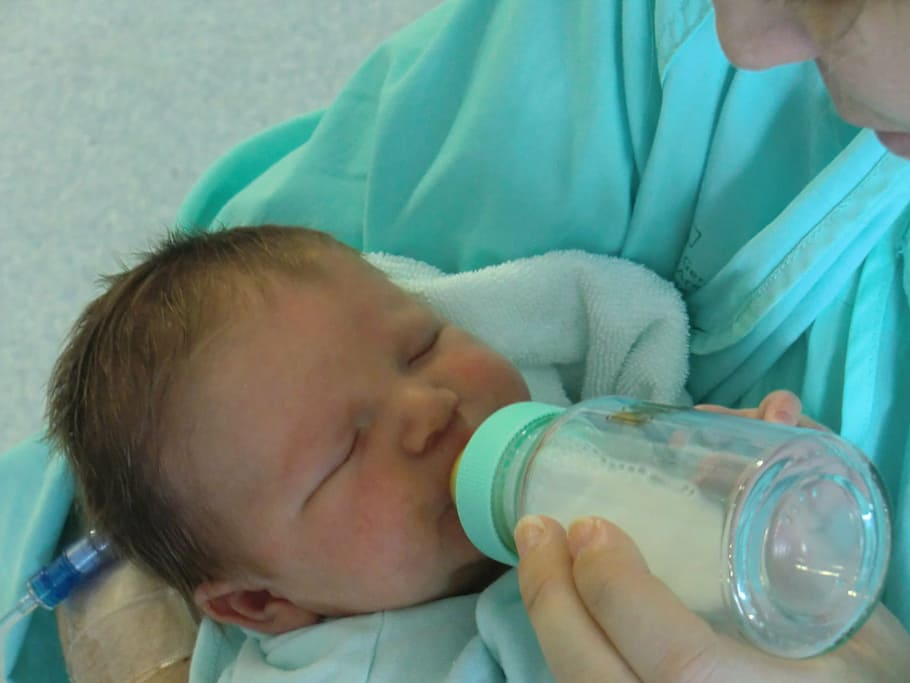 woman, feeding, baby, using, bottle, biberon, milk, newborn, child, just born