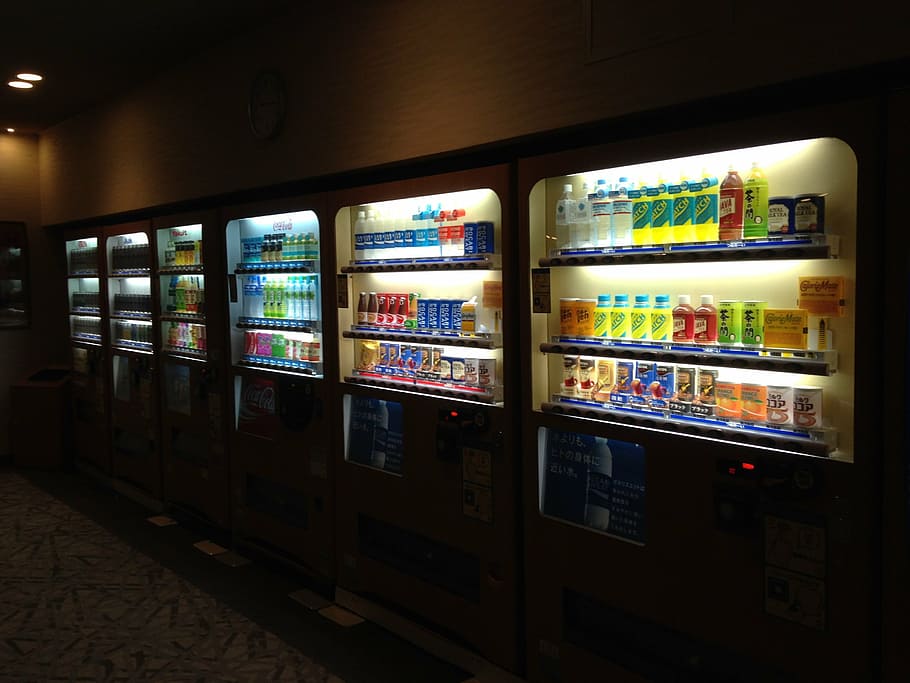 beverage inside cooler, japan, vending machine, beverage, indoors, variation, choice, food and drink, retail, large group of objects