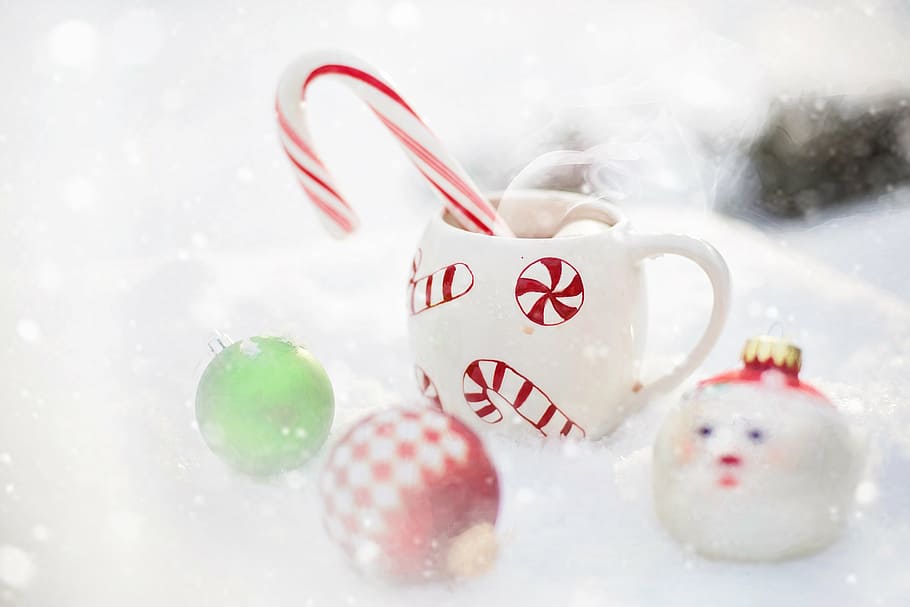 white ceramic mug, hot chocolate, snow, christmas, hot, drink, winter, chocolate, cocoa, beverage