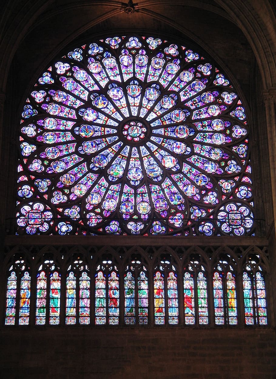 notre dame cathedral, stained glass window, rose, paris, france, church, design, gothic, figures, christian