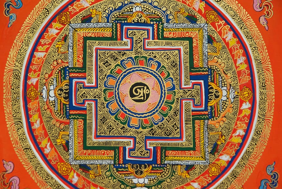 símbolo multicolorido, mandala, tibete, nepal, monge, decoração, padrão floral, cultura indígena, ornamentado, símbolo