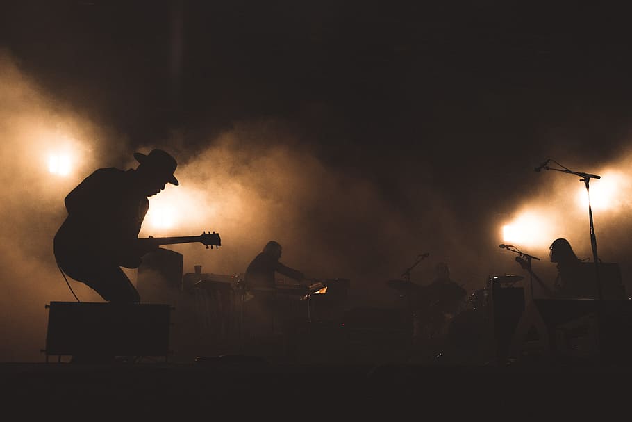 silhouette, band, smokes, concert, stage, light, rock, music, people, musician