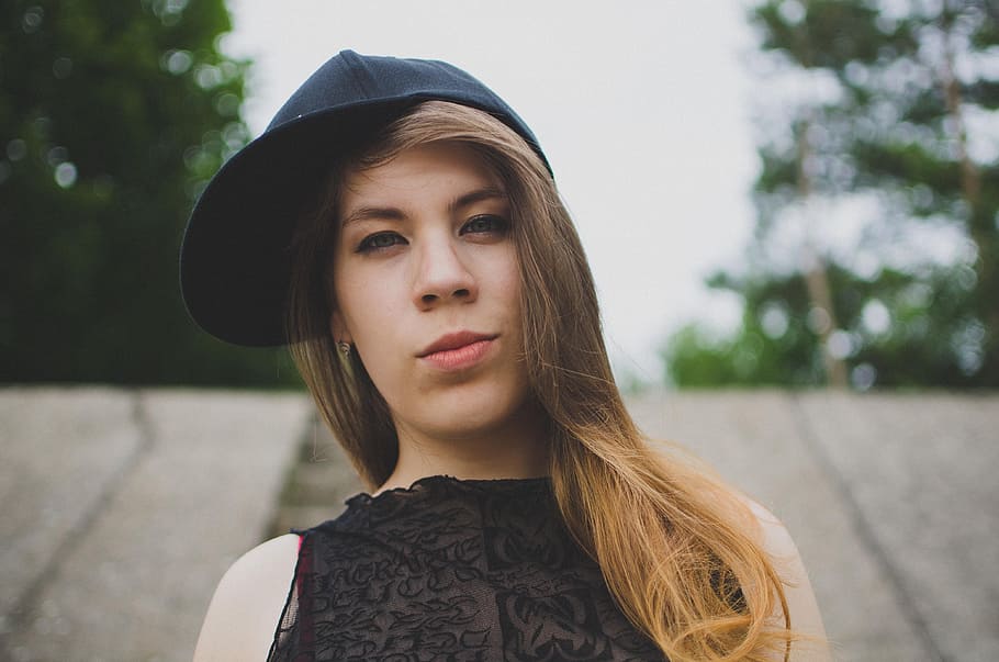woman, wearing, black, fitted, cap, Portrait, Caps, Snapback, Girl, Teenager