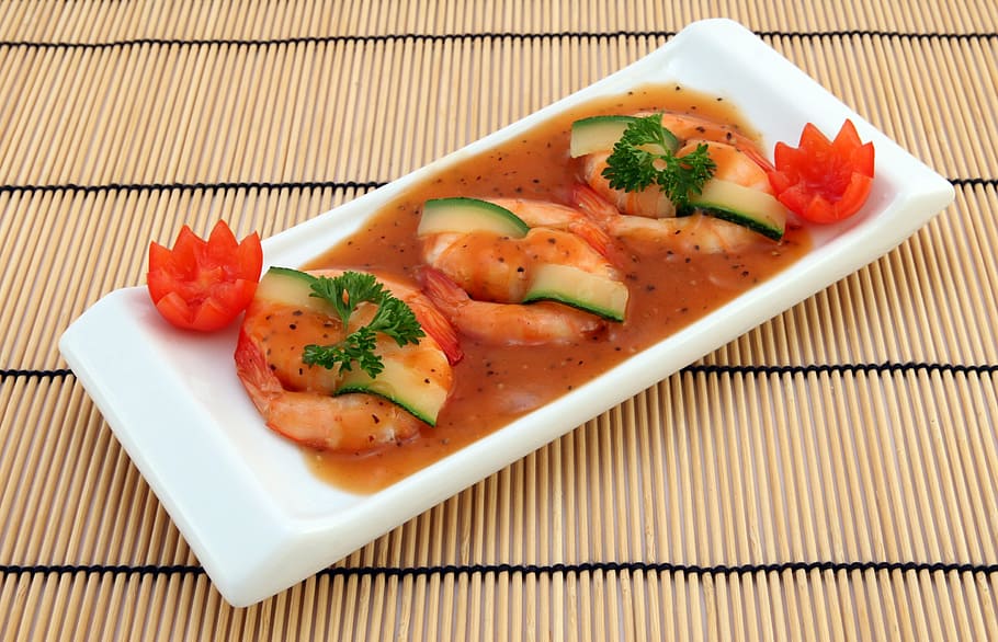 shrimp, sauce, white, ceramic, plate, appetite, broiled, calories, catering, cellulite