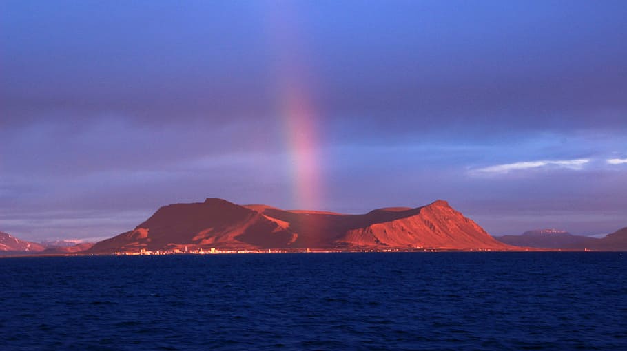 foto, montanha, corpo, agua, branco, nuvens, meio-dia, Islândia, Vulcão, Arco-íris
