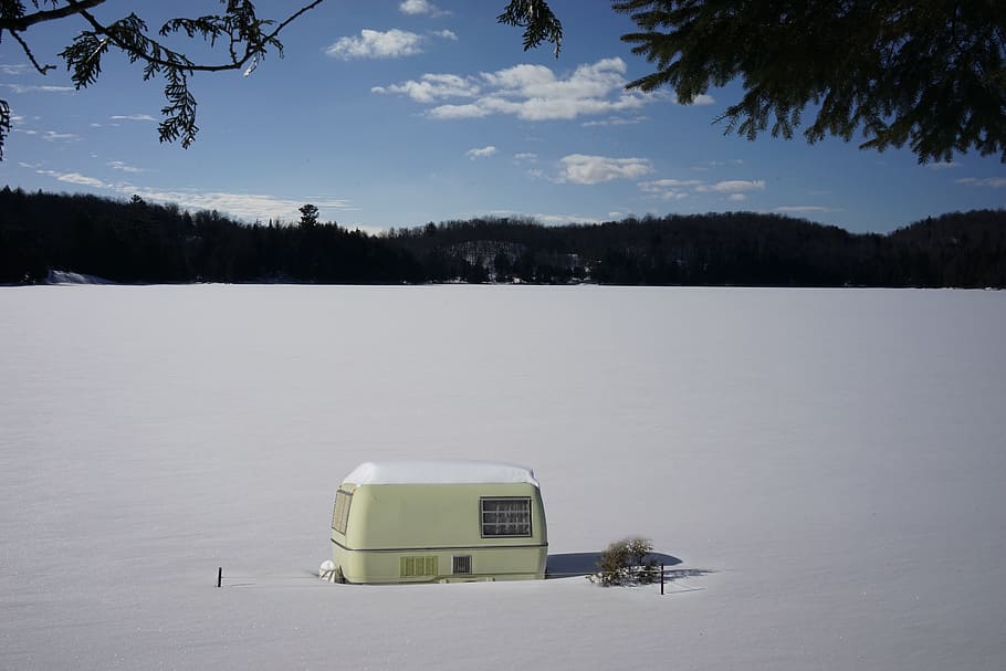beige, shed, snow, trailer home, caravan, travel, lake, vehicle, outdoor, winter