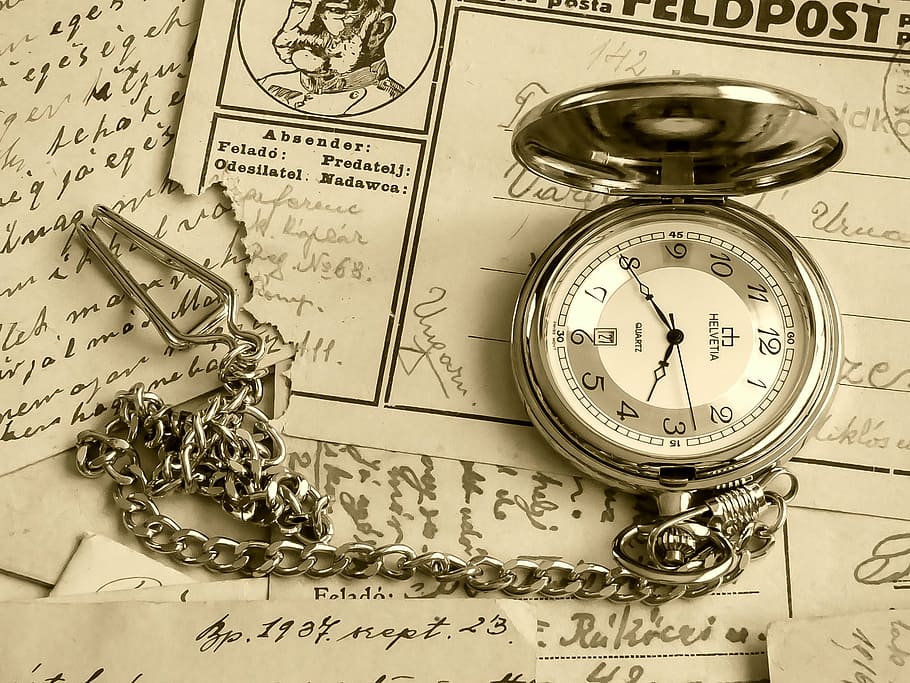 silver-colored pocket, watch, white, printed, papers, hour s, pocket watch, old, time, indicator