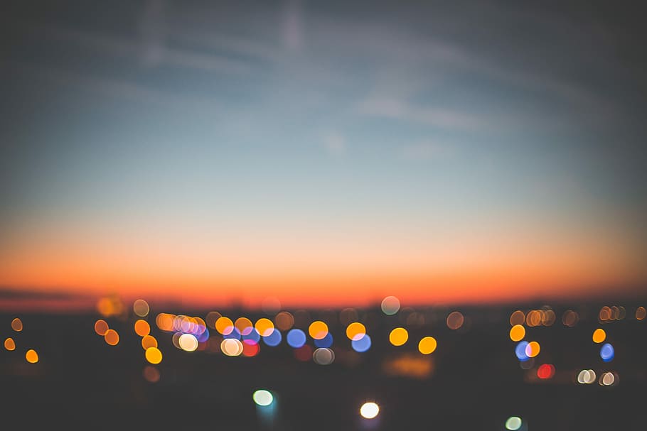 evening sunset bokeh cityscape, Evening, Sunset, Bokeh, Cityscape, abstract, city, cloudless, colors, lights