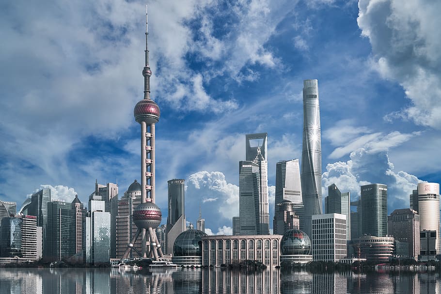 Landscape China City Reflection Panorama Buildings 