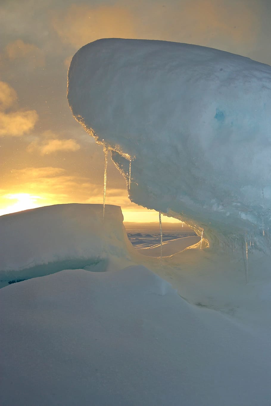 北極海, 海, 水, 冬, 雪, 氷, 夕日, 光, カラフル, 自然
