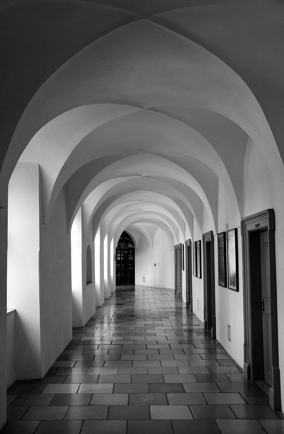corridor, doors, light, architecture, pointed arch, gang, cold, blanket, cells, monastery