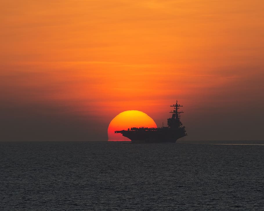boat sailing, body, water, sunset, ocean, silhouette, dusk, sky, aircraft carrier, orb
