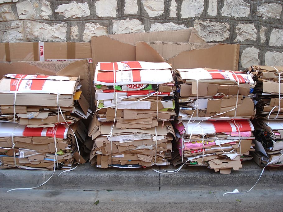 marrón, lote de cajas de cartón, cartones, reciclaje, pared, apilar, gran grupo de objetos, cartón, nadie, caja