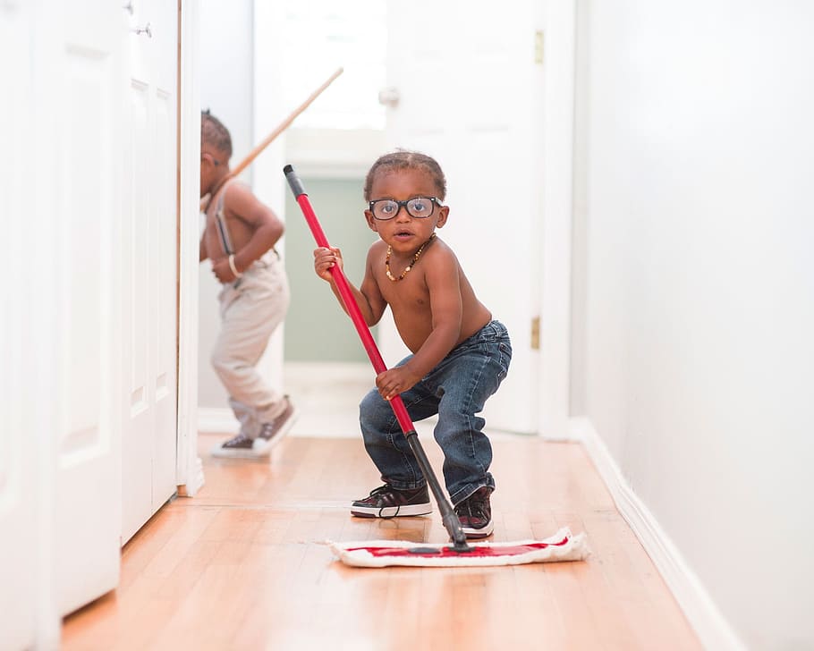 red, white, mop, kid, child, boy, mopping, jeans, wooden, floor