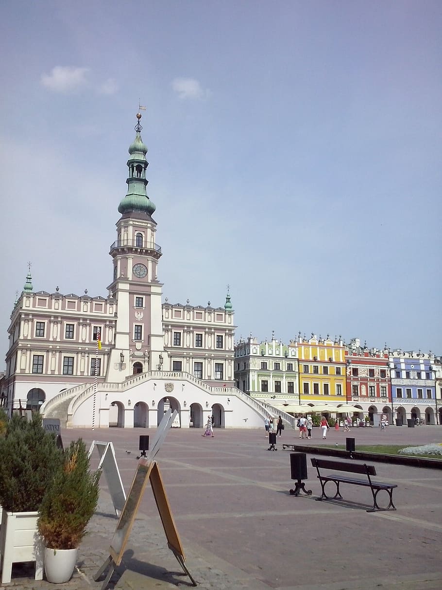 polandia, zamość, pasar, townhouse berwarna, arsitektur, eksterior bangunan, struktur yang dibangun, langit, bangunan, kota