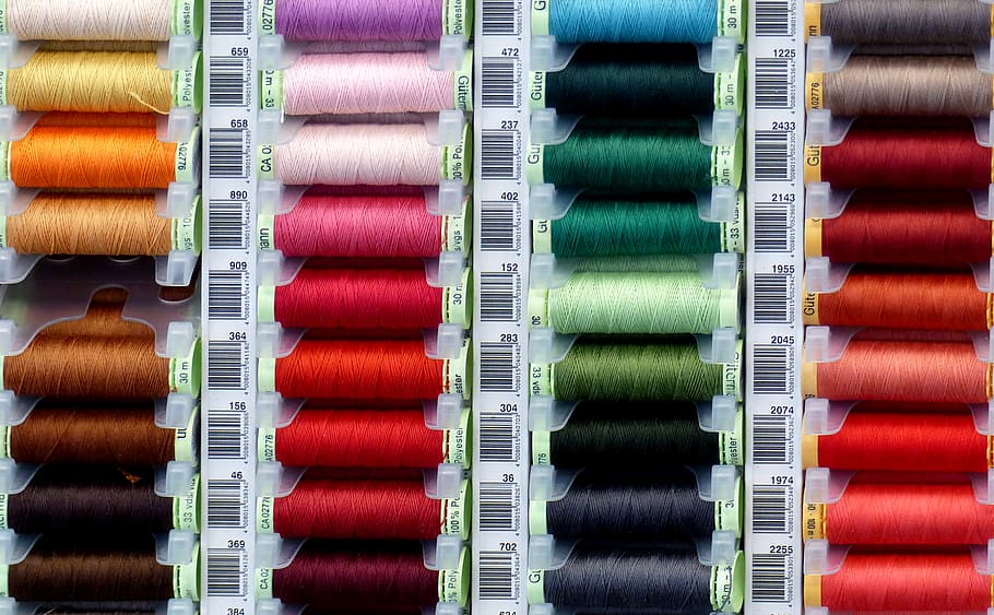Bobinas, fios, fios de cores variadas, segmento, carretel, indústria têxtil, variação, têxtil, escolha, natureza morta