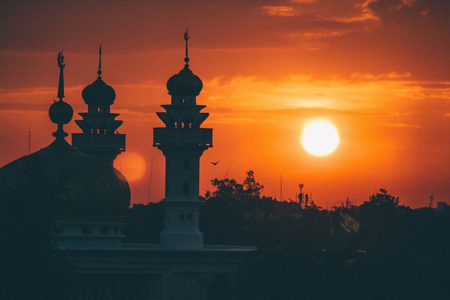silueta de la mezquita, mezquita, amanecer, arquitectura, punto de referencia, islam, musulmán, torre, edificio, islámico