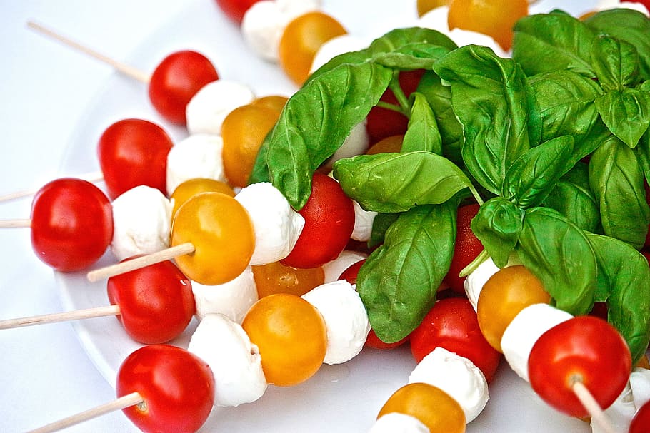 barbecue fruits, green, leaves, tomatoes, mozarella, eat, italian, food, meal, delicious