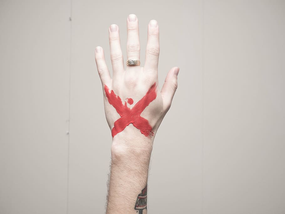 leftperson, hand, red, x tattoo, people, man, tattoo, paint, art, cross