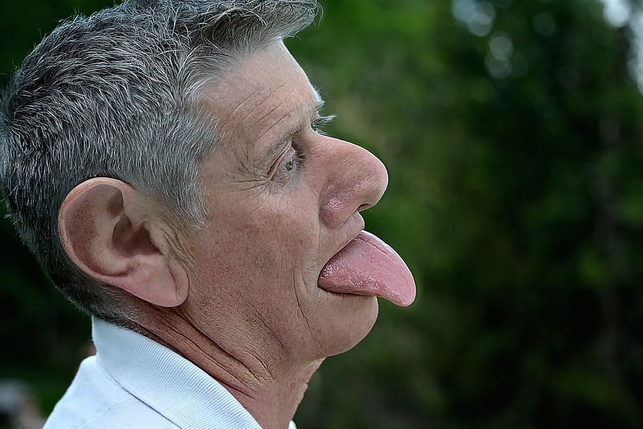 man, sticking, tongue, daytime, Caricature, Male, Face, Big Nose, big ears, large tongue