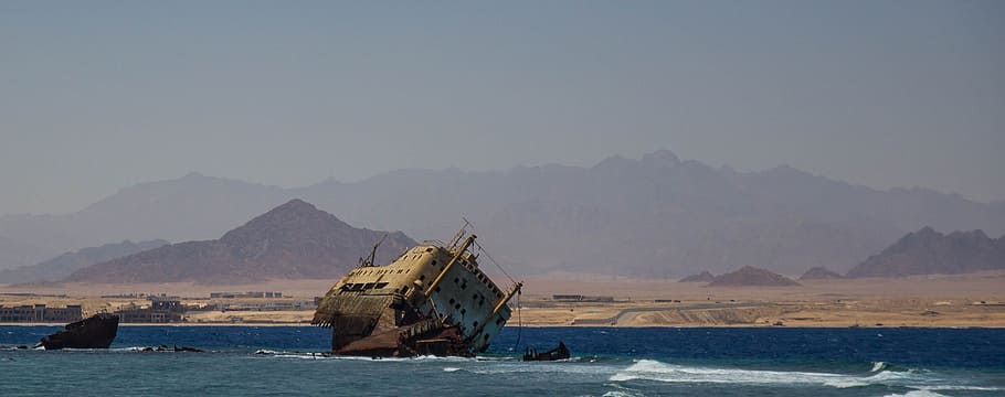 sea, ship, sunken, ships, shipwreck, bay, shoal, egypt, water, nautical vessel