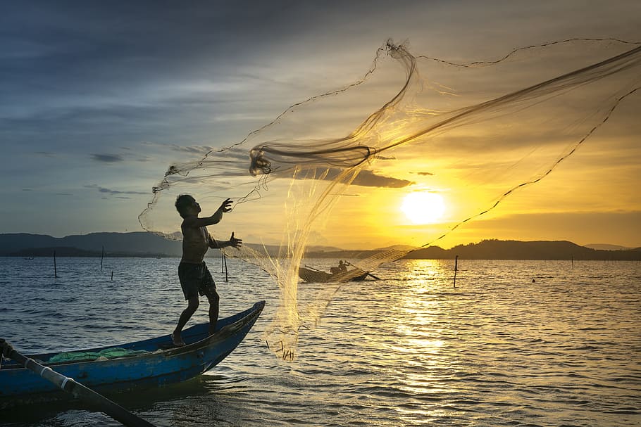man, boat, throwing, fish, net, the fishermen, fishing, outdoor, life, lifestyle