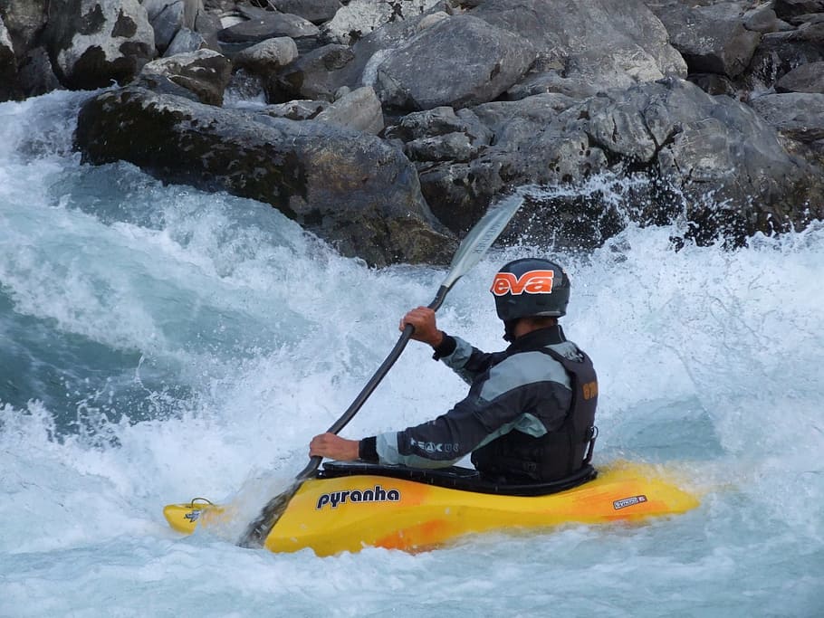 person riding kayak, rapid, water, fall, river, wild, white, splash, gushing, kayak
